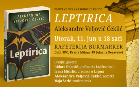 Promocija hrabrog i važnog romana Aleksandre Veljović Ćeklić „Leptirica“ 11. juna u knjižari Delfi SKC - slika 1